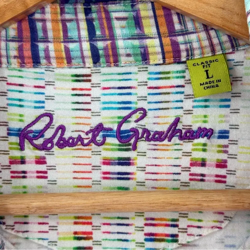Robert Graham Men’s Colorful Rainbow Mixed Plaid Classic Polo Shirt Size Large - Picture 6 of 7